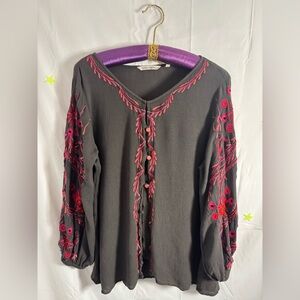 Boho Soft Surroundings Charcoal Tunic with Pink Embroidery and Beading Size XL